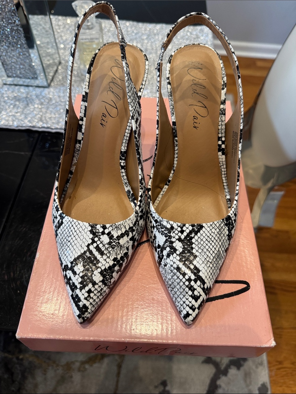 Wild Pair White & Black Snake-Print Slingback Pumps